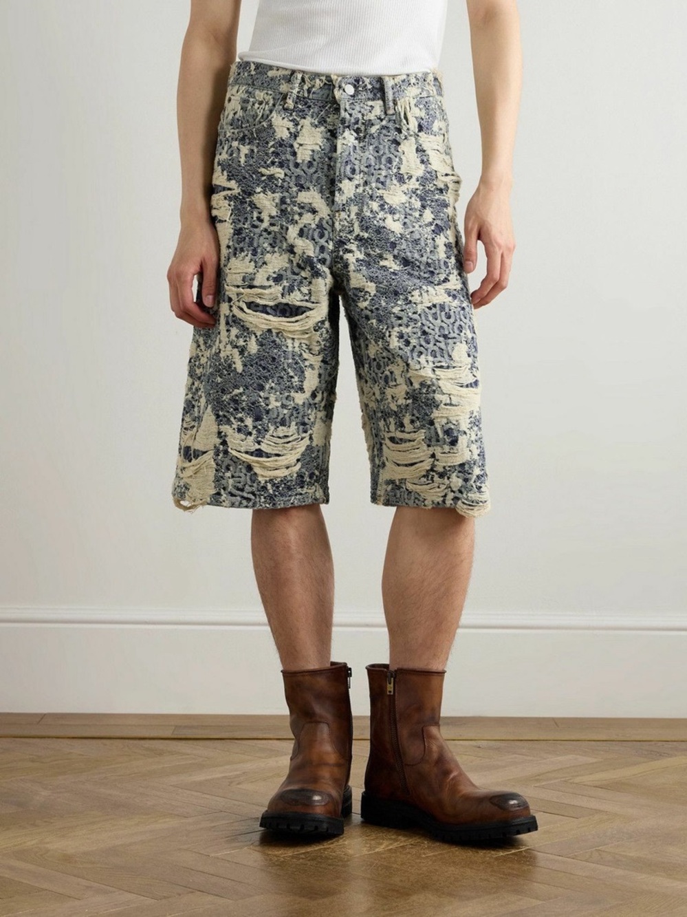 Acne Studios Judda Jaquard Distressed Denim Shorts Mid Blue